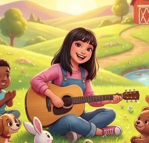 Sony Lee singing with children and her guitar